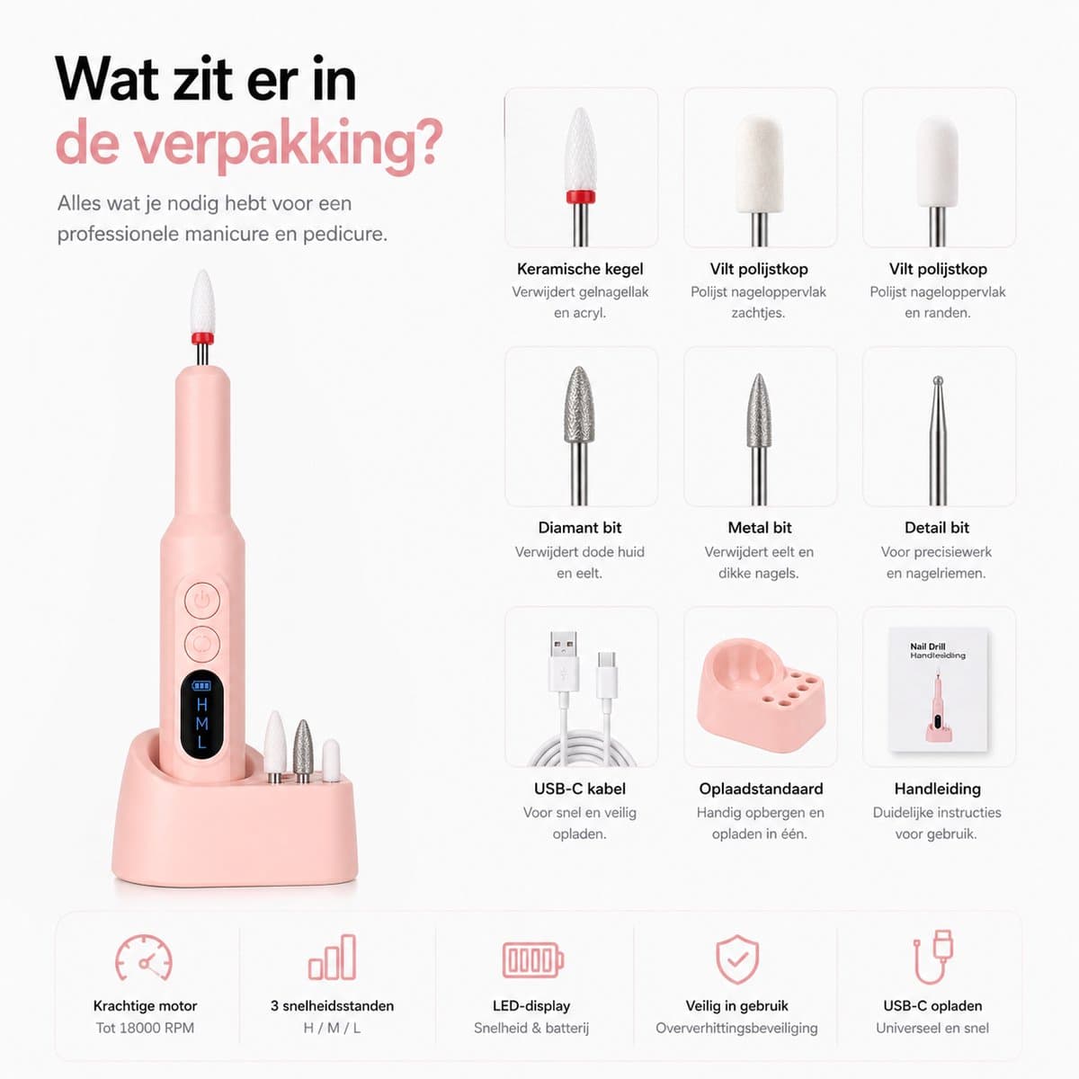 BOTC Elektrische Nagelvijl met Oplaadstation - Nagelfrees - Draadloos en Oplaadbaar - Nagelvijl - Manicure & Pedicure set - Roze thumbnail 8