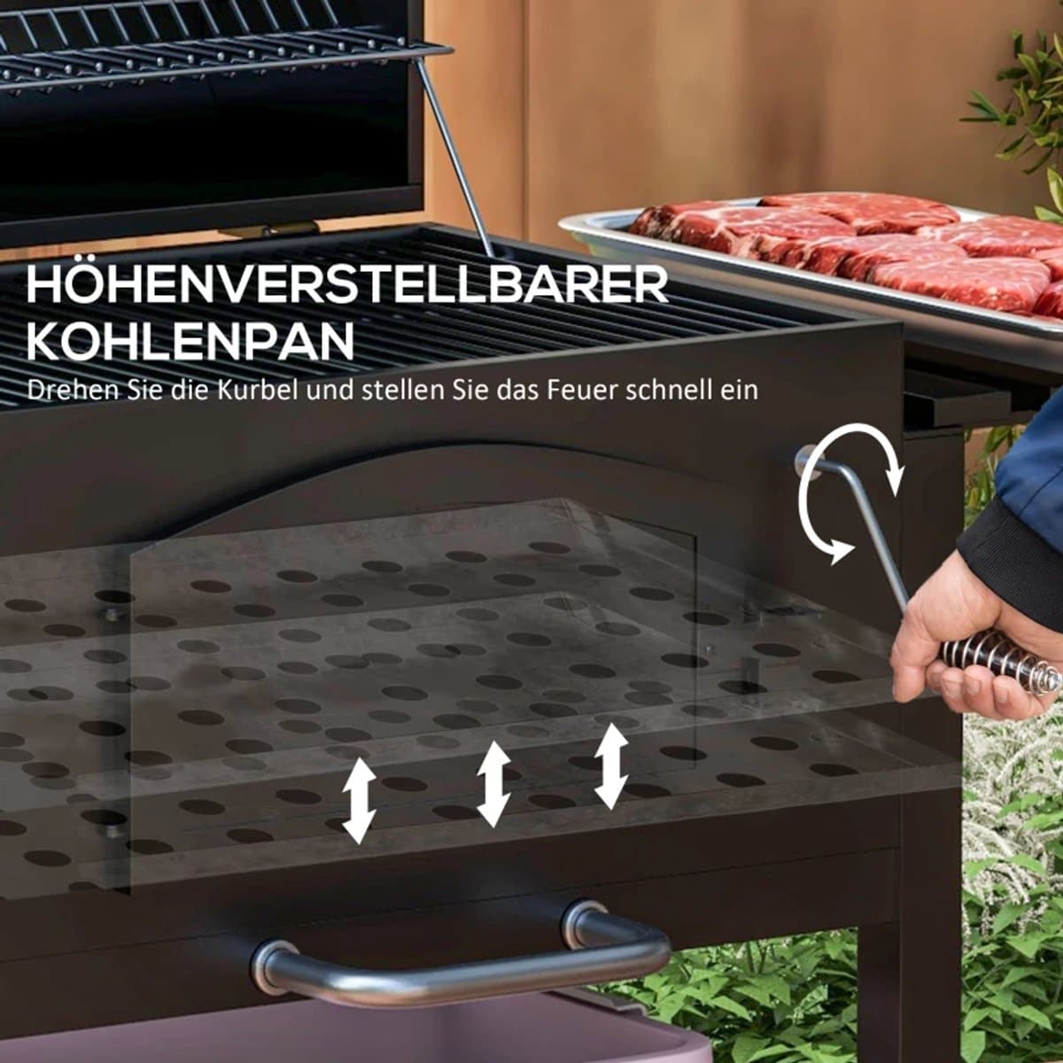 Premie 3-in-1 Houtskool Barbecue - Smoker Barbecue met Rookfunctie - Houtskoolgrill - met Verstelbaar Houtskoolcompartiment, Deksel, Handgrepen, Thermometer, Wielen - BBQ voor Kamperen, Buiten, Tuin - 124 x 66 x 112 cm - Zwart thumbnail 8