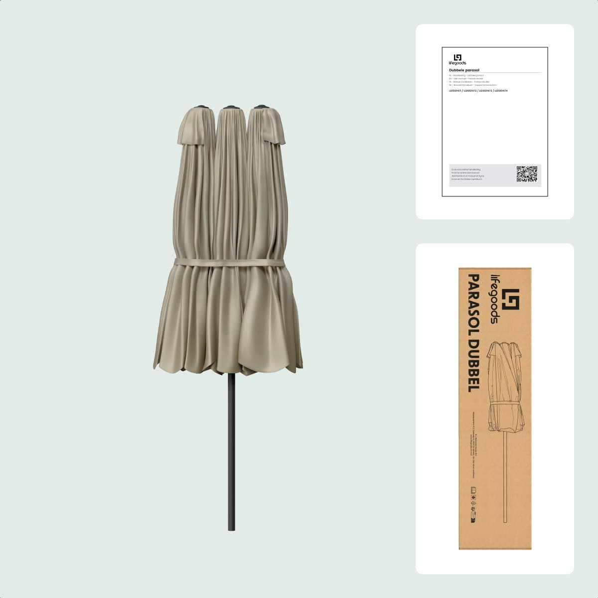 LifeGoods Dubbele Parasol - Tuin - 220x400cm - tot 8 Personen - Waterdicht - UPF50+ - Taupe thumbnail 7