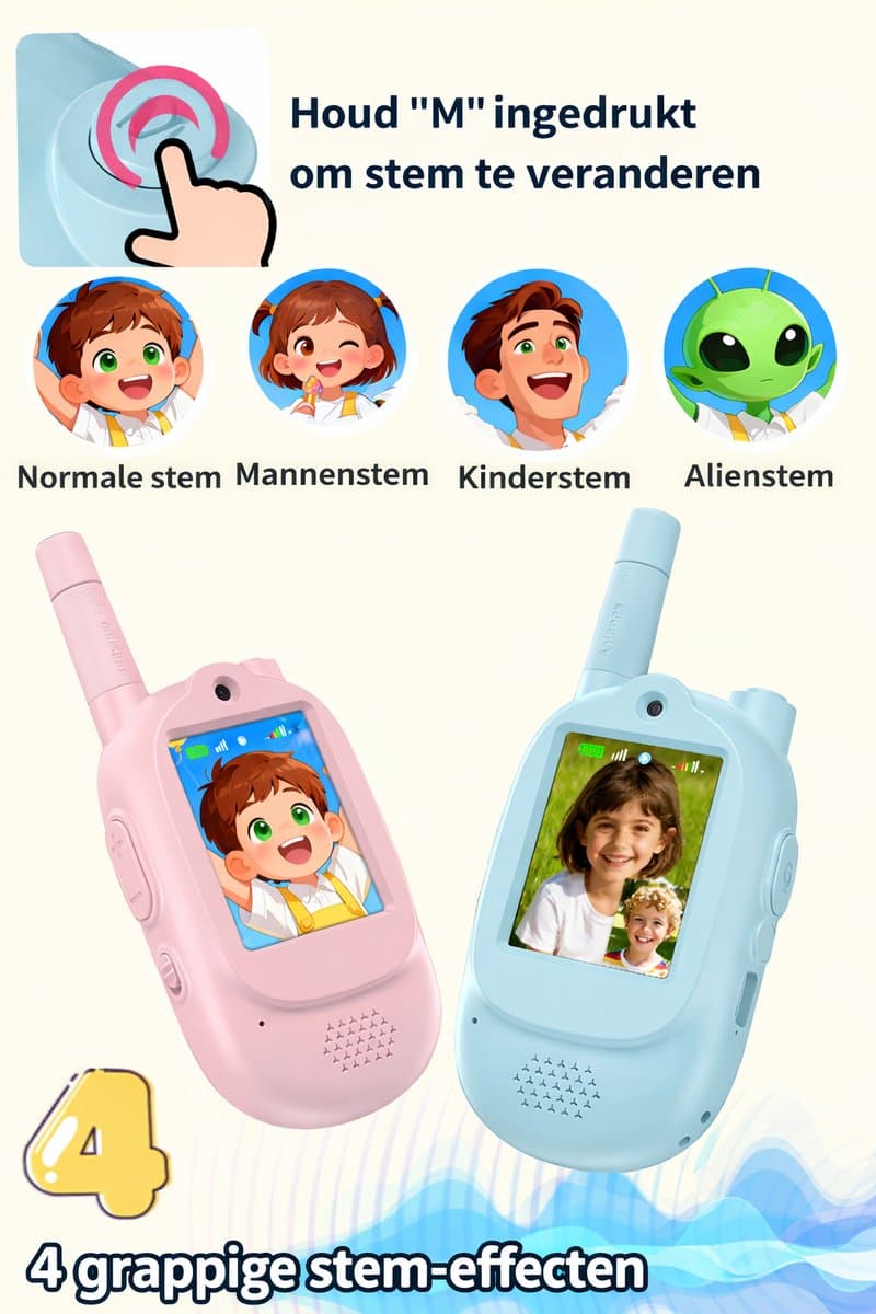 Narvie Video Communicatieset voor Kinderen – Met Camera & Scherm – 2.4GHz Draadloos – Oplaadbaar – Met Stemvervormer – Blauw/Roze Set thumbnail 2