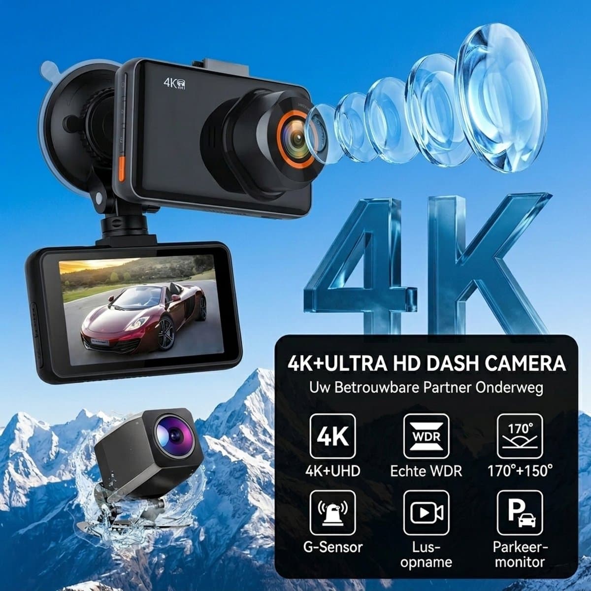 Fokelyi-Dashcam 4K -Dashcam Voor Auto- Wifi & GPS - Nachtzicht - Dual Dashcam - G-Sensor- Ultra 4K- incl. 64GB SD kaart thumbnail 2