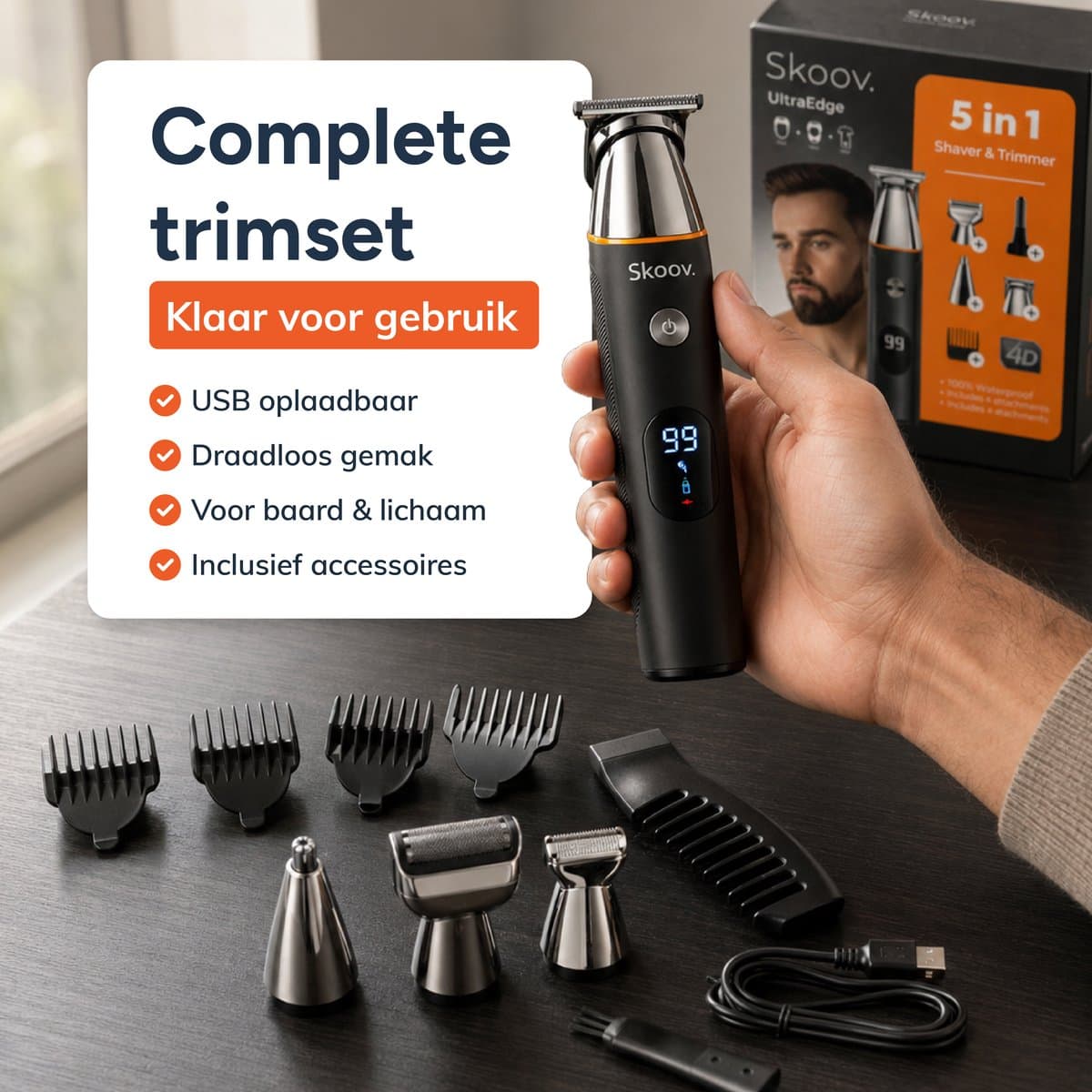 UltraEdge Trimmer voor mannen - 5 in 1 Lichaam & Baard - Incl. hulpstukken - Bodygroomer - Scheer apparaat - Voor lichaam, schaamstreek en gezicht - Skoov thumbnail 2
