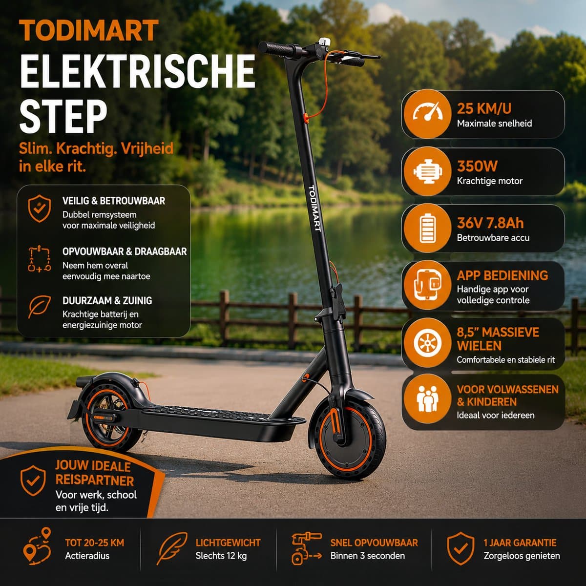 TODIMART T3 E-Scooter 350W, 25 km/u, opvouwbaar met app thumbnail 4