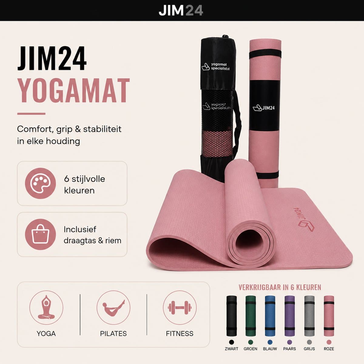 Jim24 Yogamat - Yoga Mat Antislip - Fitness Mat - Sportmat - Pilates Mat - Slijtvast - Extra Dikke Gym Mat - Duurzaam TPE - Incl. Draagtas en Riem - Zalmroze thumbnail 8