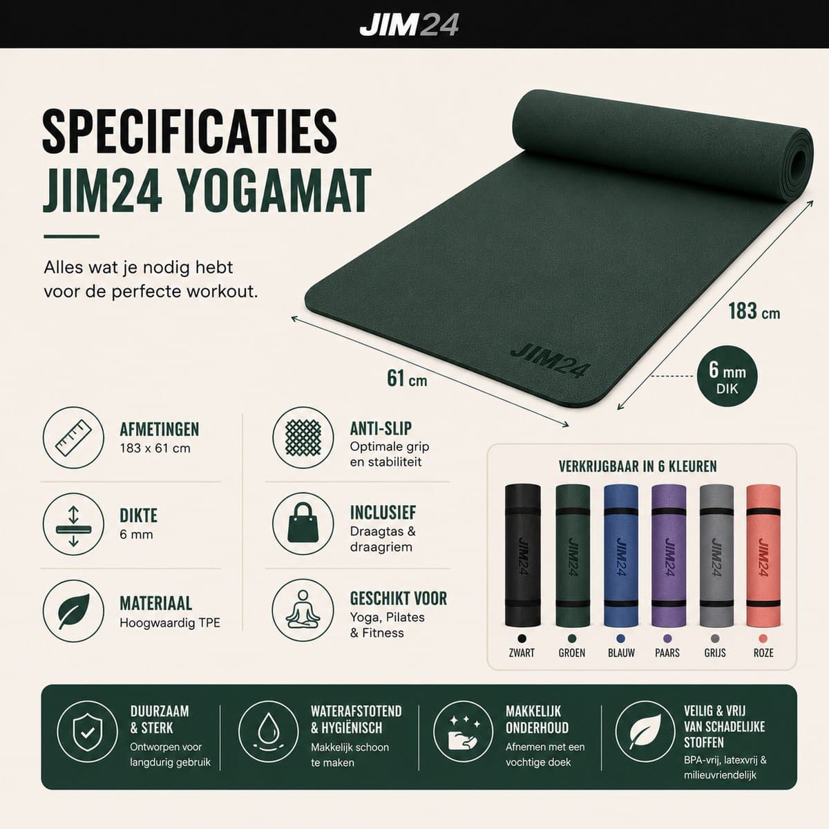 Jim24 Yogamat - Yoga Mat Antislip - Fitness Mat - Sportmat - Pilates Mat - Slijtvast - Extra Dikke Gym Mat - Duurzaam TPE - Incl. Draagtas en Riem - Olijfgroen thumbnail 5