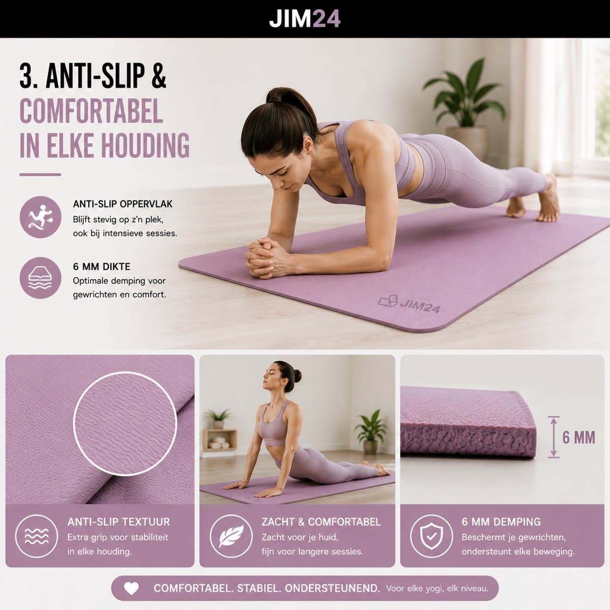 Jim24 Yogamat - Yoga Mat Antislip - Fitness Mat - Sportmat - Pilates Mat - Slijtvast - Extra Dikke Gym Mat - Duurzaam TPE - Incl. Draagtas en Riem - Paars thumbnail 6