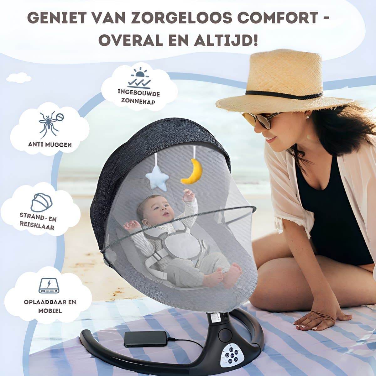 Khido® Elektrische Wipstoel - met Timer Afstandsbediening Bluetoothmusic - 5 Zwenksnelheden en 3 Zitposities - Babyschommel - Donkergrijs thumbnail 2
