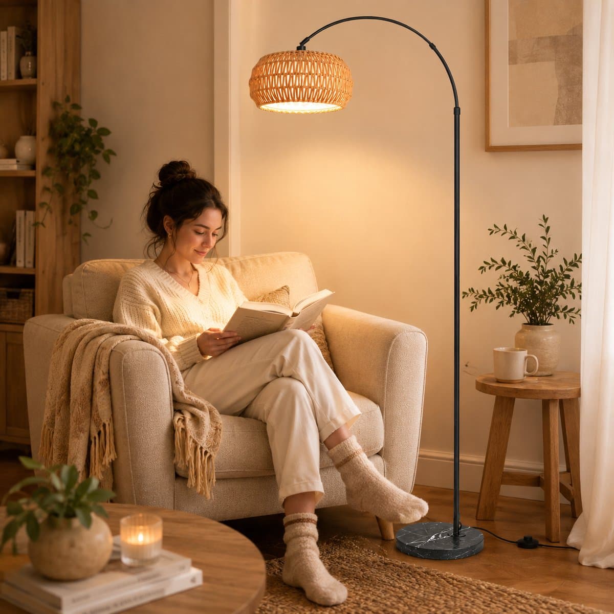MUPOO Boho Rotan vloerlamp Booglamp 185cm-Staande Lamp Dimbaar met APP Afstandsbediening -booglamp met 360° Draaibare Arm & Hoogte Verstelbaar en Voetschakelaar -Sfeerverlichting leeslamp staand voor Woonkamer Slaapkamer Kantoor thumbnail 8