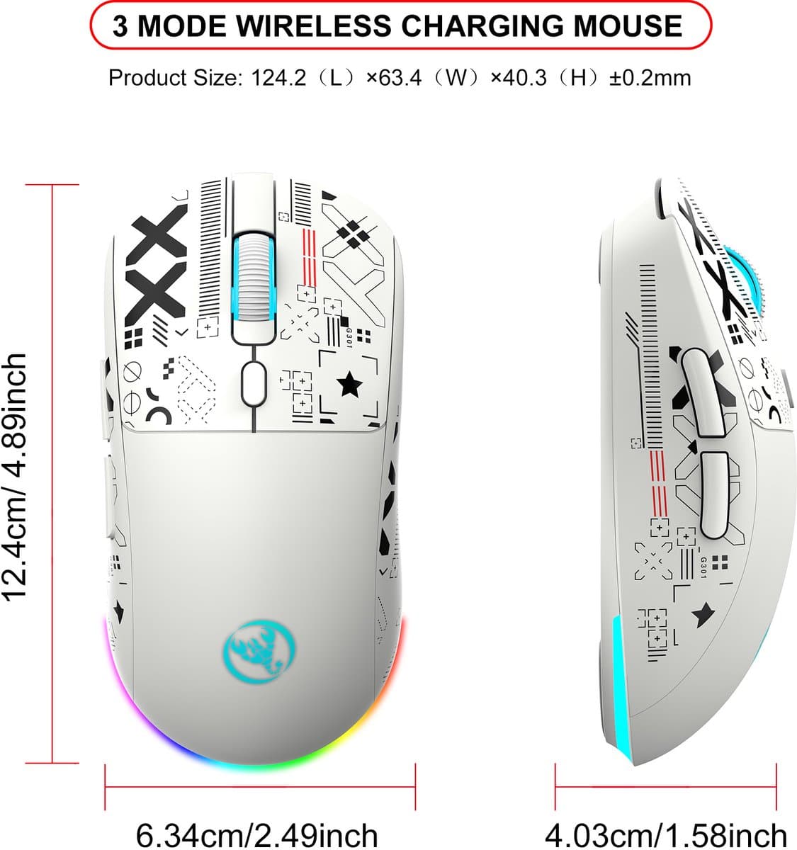 HXSJ T90 PRO Draadloze Gaming Muis – Silent Clicks – RGB – Bluetooth 5.3 & 2.4G & Bedraad – 12000 DPI – Programmeerbare Knoppen – Oplaadbaar met Dock – Wit thumbnail 2
