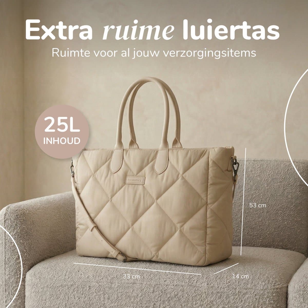 Mommsy Luiertas – Verzorgingstas – Thermo Vak – Gewatteerde Puffer Stof – Extra Ruim – Waterafstotend – Organizer – Lichtgewicht – Beige thumbnail 2