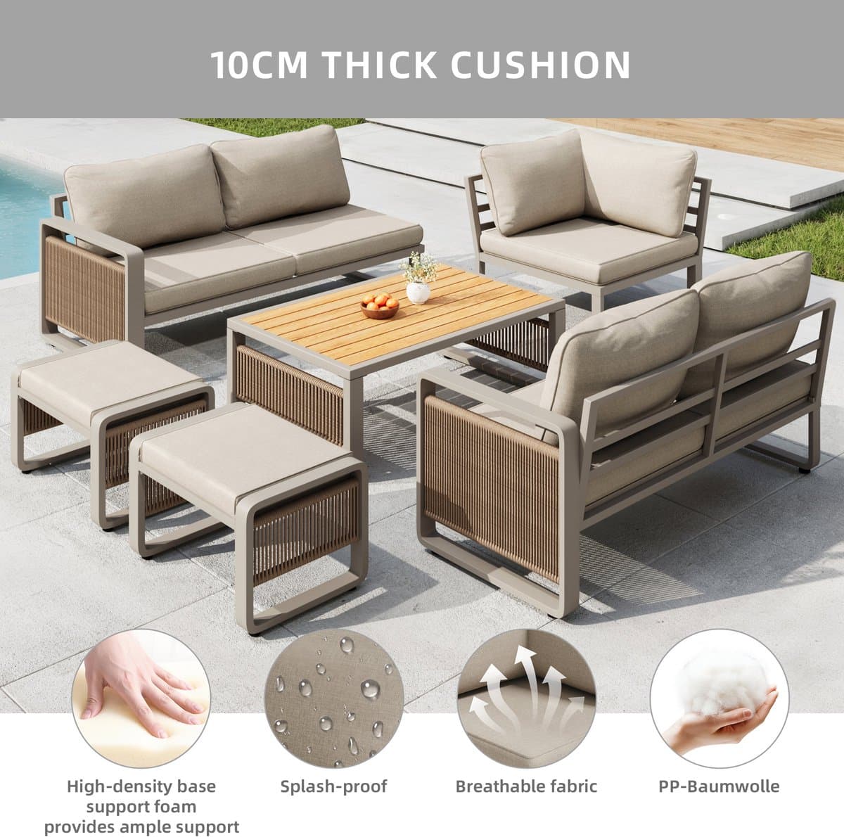 Sweiko Tuinset - Loungeset - Hoekbank + 2 hocker + Salontafel - Modulair meubilair - Met kussens - Metalen frame - Beige thumbnail 4