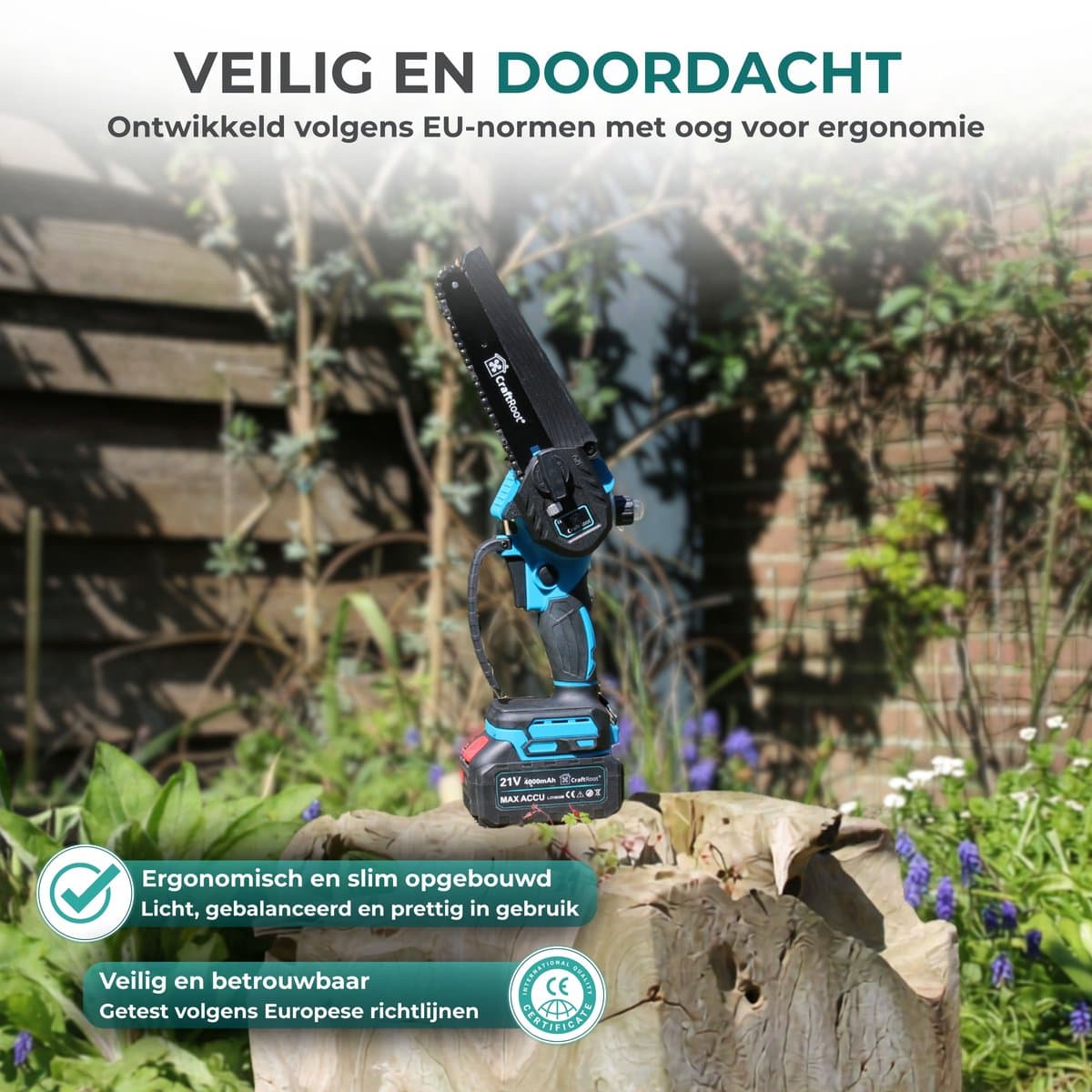CraftRoot Elektrische Mini Kettingzaag - Draadloze Compacte Kettingzaag met Automatische Kettingsmering - Handkettingzaag - Snoeizaag - Takkenzaag - 2x 4.0Ah Accu's - Opberg Koffer - Brushless thumbnail 6