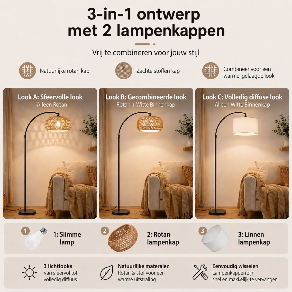 MUPOO Boho vloerlamp Booglamp met Rotan Kap met 360° draaibare arm & Marmeren voet- Hoogte Verstelbaar Staande Lamp met 3-in-1 Design & Traploos Dimbaar - Sfeerverlichting Woonkamer & Kantoor thumbnail 5