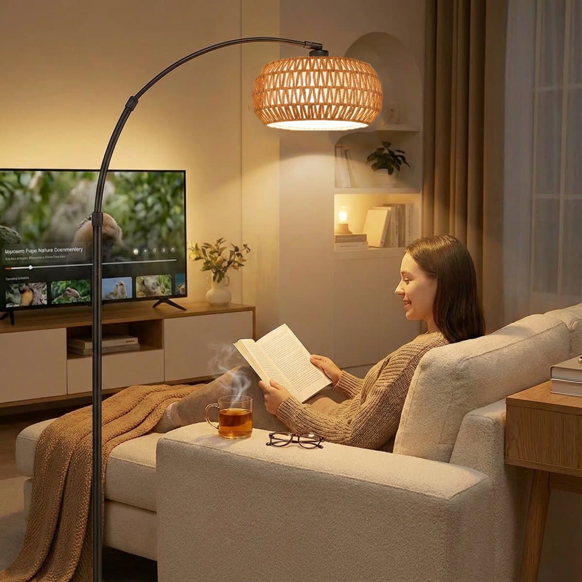 MUPOO Boho vloerlamp Booglamp met Rotan Kap met 360° draaibare arm & Marmeren voet- Hoogte Verstelbaar Staande Lamp met 3-in-1 Design & Traploos Dimbaar - Sfeerverlichting Woonkamer & Kantoor thumbnail 6