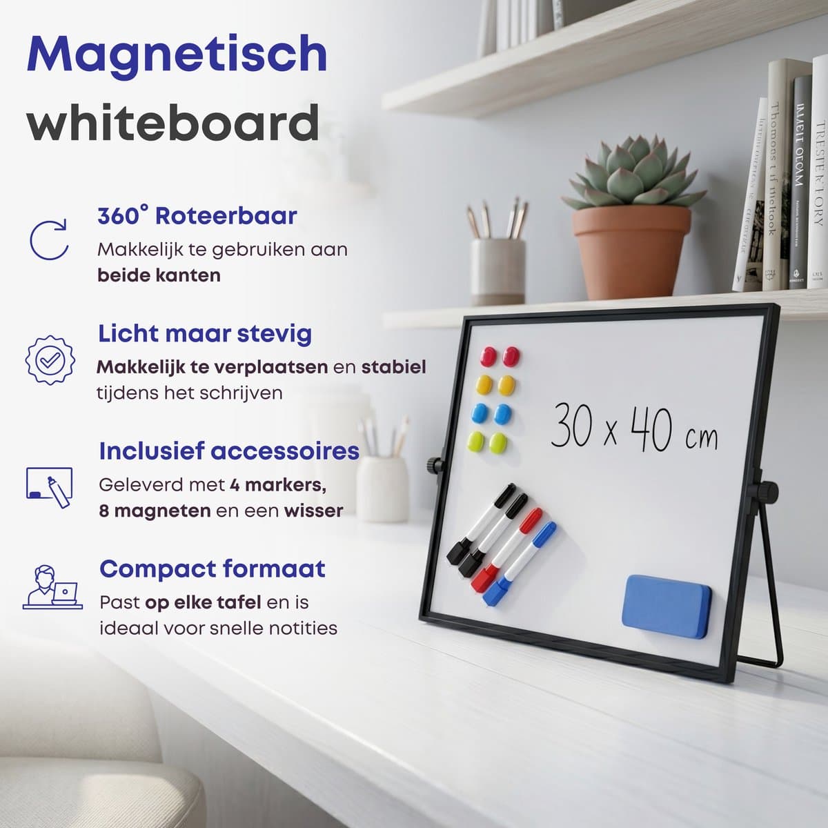 ACAZA Whiteboard - Magnetisch - 30 x 40 cm - Met Statief - Magneetbord - Weekplanner - Inclusief 8 Magneten, 4 Stiften, Wisser en Pennenbakje - Weekplanner Whiteboard - Maandplanner - Memobord thumbnail 2