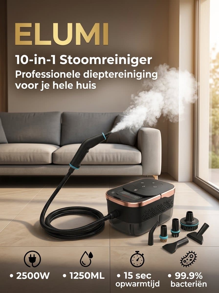Elumi Handstoomreiniger Plus - Reinigingsmachine - Stoomapparaat Vloer/Bank/Badkamer/Keuken - Handstomer - Stoomreiniger badkamer - Vlekkenreiniger - Diverse opzetstukken thumbnail 5