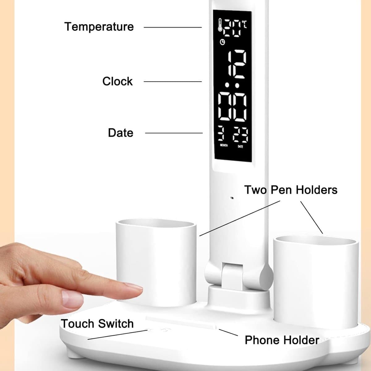 LED-bureaulamp - Bureaulamp voor op kantoor - Dimbaar, oplaadbaar, draadloos - Met klok, pennenhouder, lcd-scherm, kalender en temperatuurweergave - 3 lichtkleuren - 3200 mAh batterij - Unisex - Wit thumbnail 4