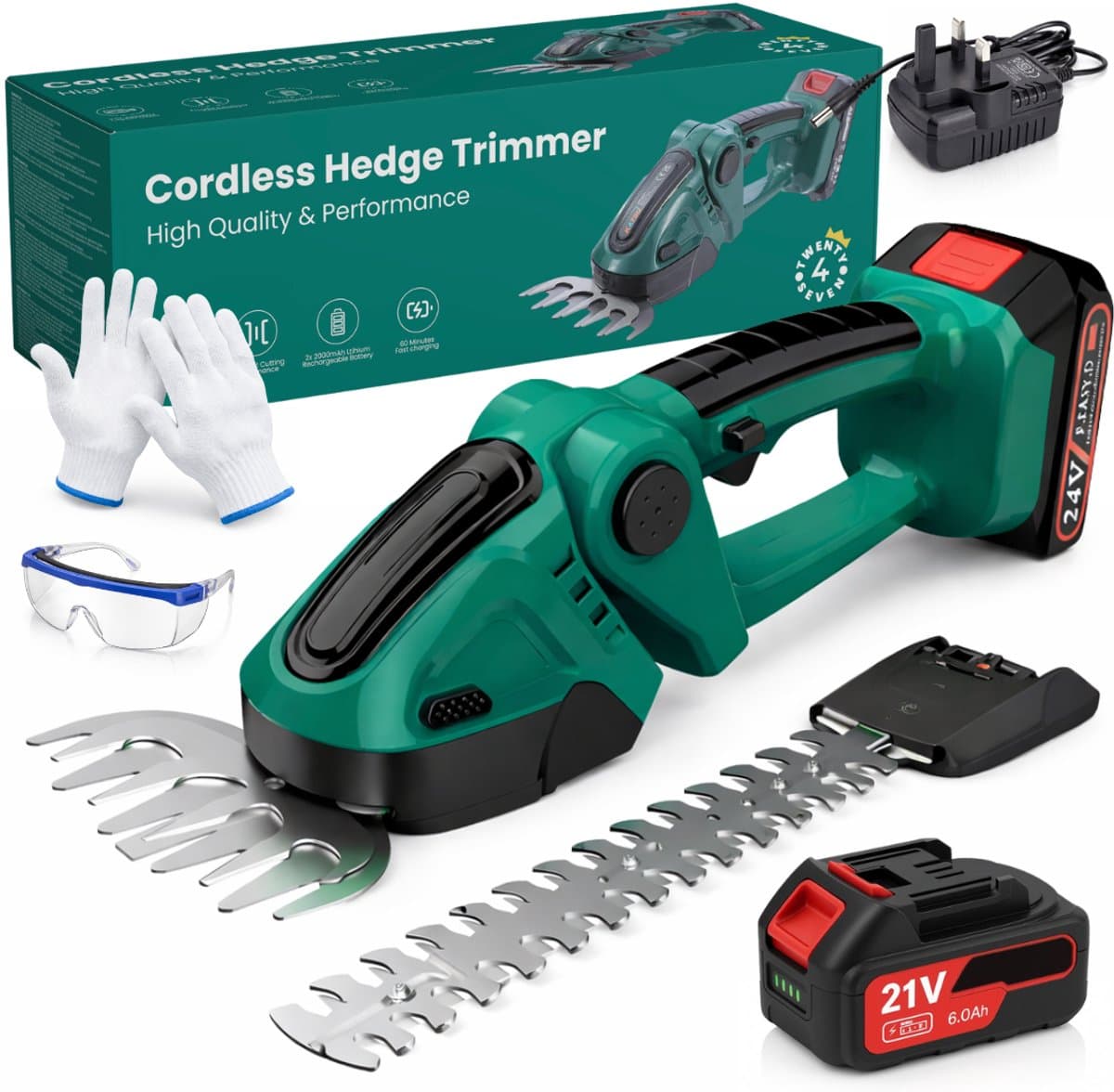 Twenty4seven® Elektrische Heggenschaar met Accu - Inclusief Buxusschaarmes & Grasschaarmes - Draadloze Snoeischaar & Grasschaar