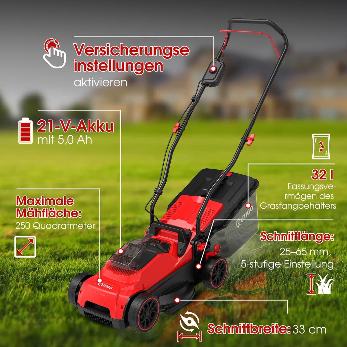 Accu Grasmaaier 21 V OUTIGO, maaibreedte 33 cm, tot 250 m², opvangbak 32 l, maaihoogte 25-65 mm, mulchfunctie, incl. 5,0 Ah accu thumbnail 7