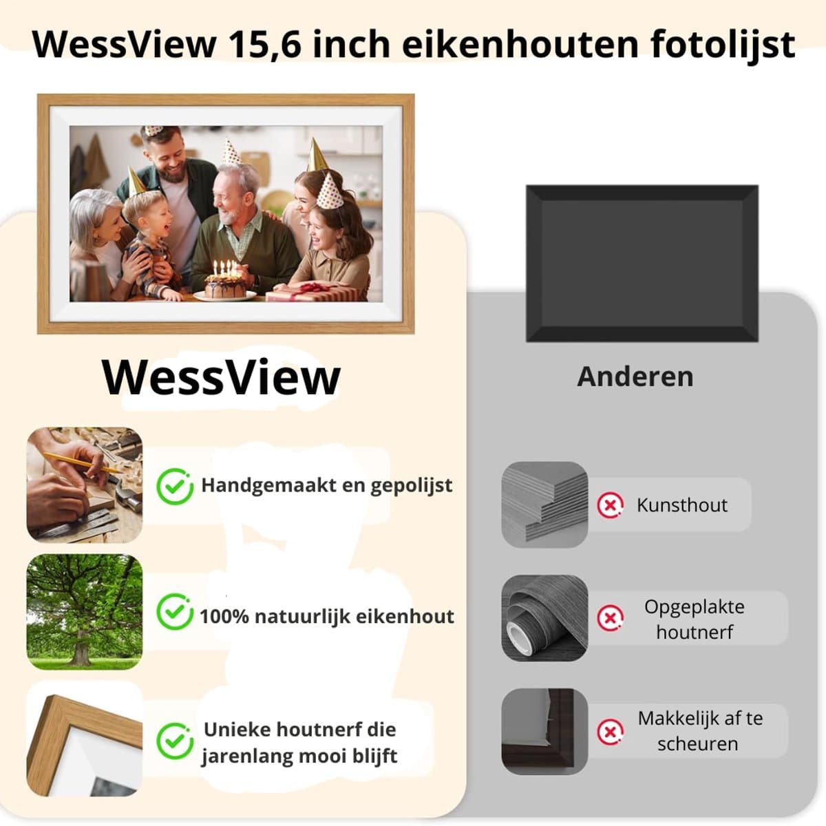 WessView Digitale Fotolijst 15.6 inch - WiFi & Frameo App - XL Ultra HD Fotokader - 32 GB Intern Geheugen - Touchscreen - Luxe Houten Frame thumbnail 5