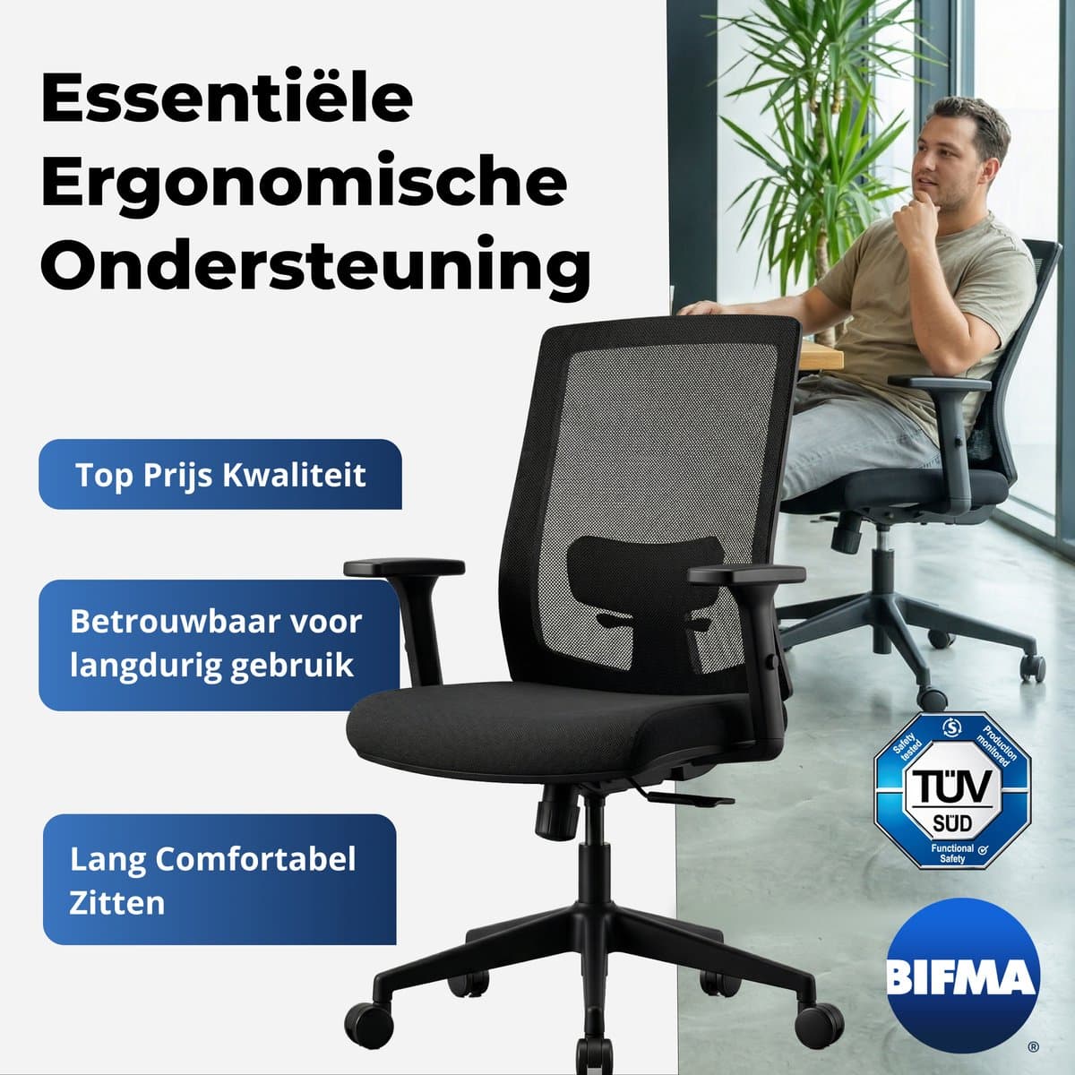 Backerz Ergonomische Bureaustoel - Bureaustoelen voor Volwassenen tot 140kg - Low Back Office Chair - NEN-EN1335 - Zwart thumbnail 2