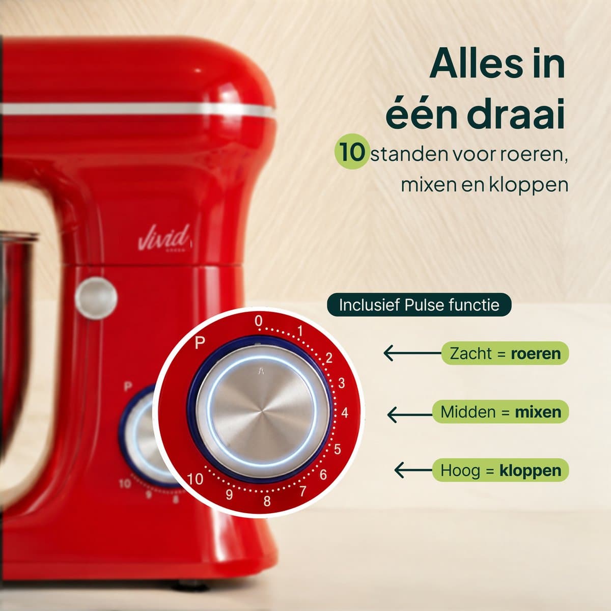 Vivid Green 1500W Keukenmixer - 5L Mengkom - 10 Snelheden - Keukenmachine - Keukenrobot - Rood thumbnail 2