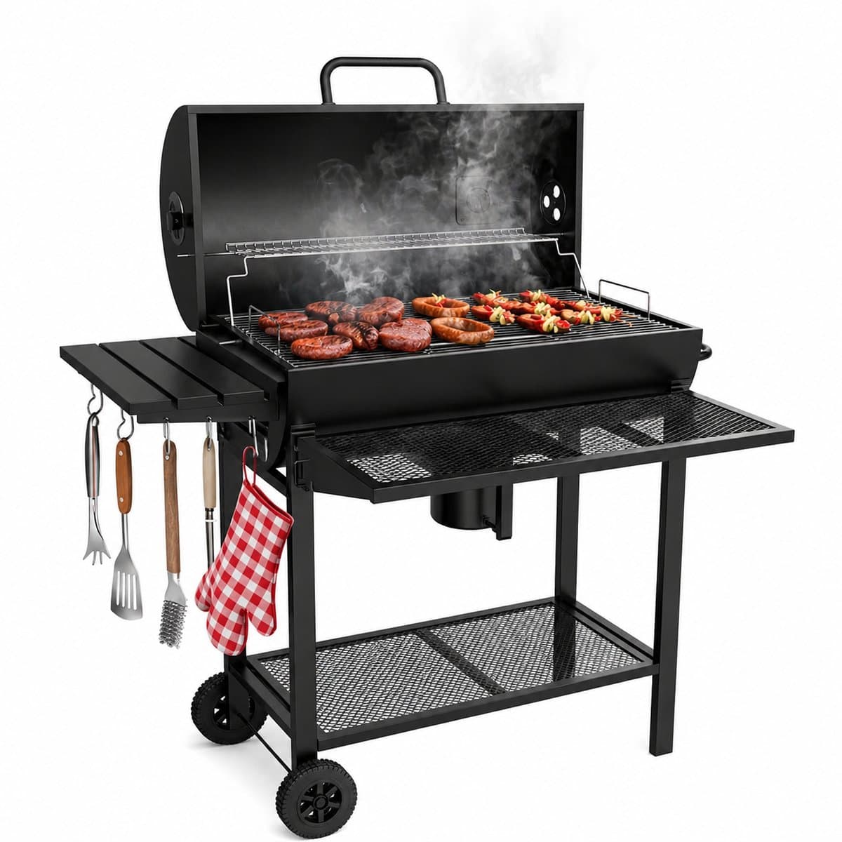 Houtskool BBQ - Smoker Barbecue XL - BBQ met Wielen - 70x37cm Grilloppervlak - Zijpanelen - Zwart thumbnail 2