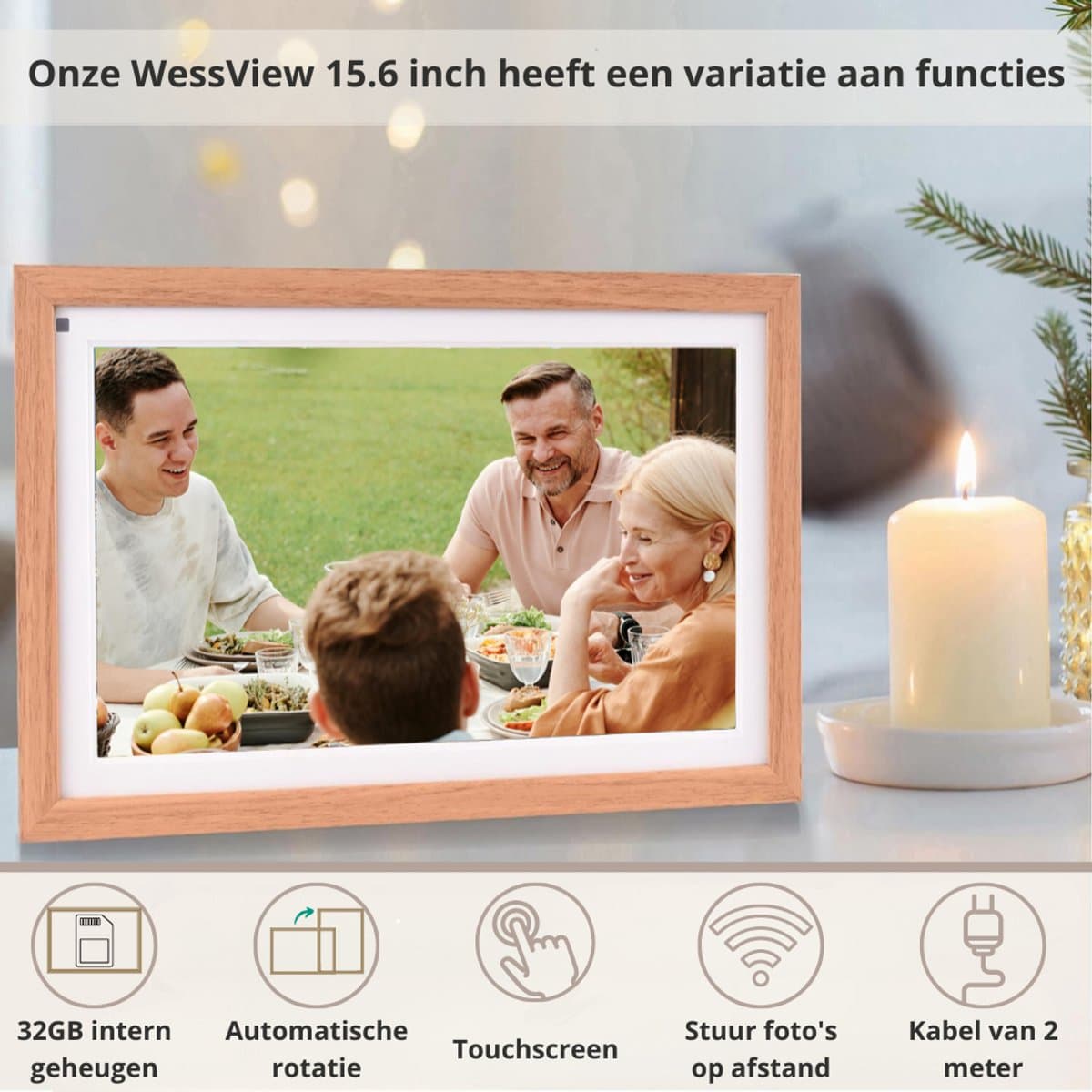 WessView Digitale Fotolijst 15.6 inch - WiFi & Frameo App - XL Ultra HD Fotokader - 32 GB Intern Geheugen - Touchscreen - Luxe Houten Frame thumbnail 2