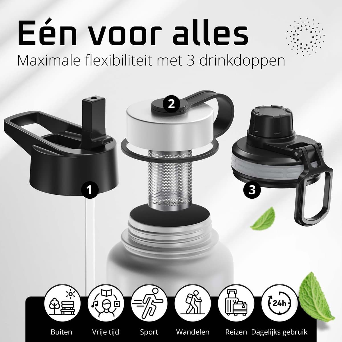 bemaxx Drinkfles met Rietje RVS Thermosfles ACTIVE FLASK (3 Drinkdoppen met Infuser), Volwassenen Kinderen, BPA-Vrij + Lekvrij | 1 Liter/500 ml Isoleerfles, Vacuüm Waterfles Sport Fitness Fietsen Water Fles Waterbidon Sportbidon thumbnail 8