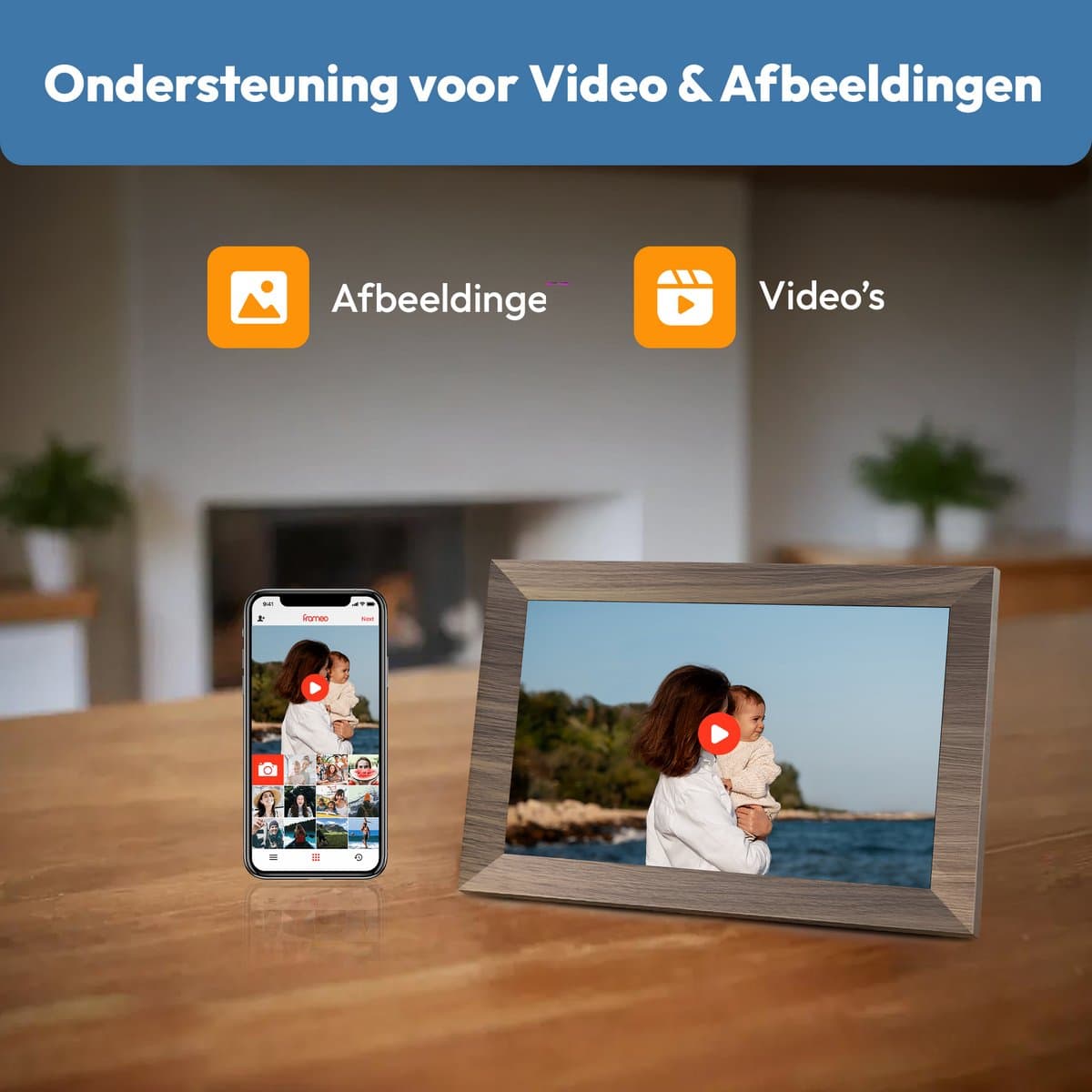 Digitale fotolijst met WiFi en Frameo App - 10.1 inch HD+ IPS Display - Fotokader met Touchscreen - 32GB - Walnoot kleur - Frameo digitale fotolijst - digitale fotokader - digitaal fotolijstje thumbnail 7