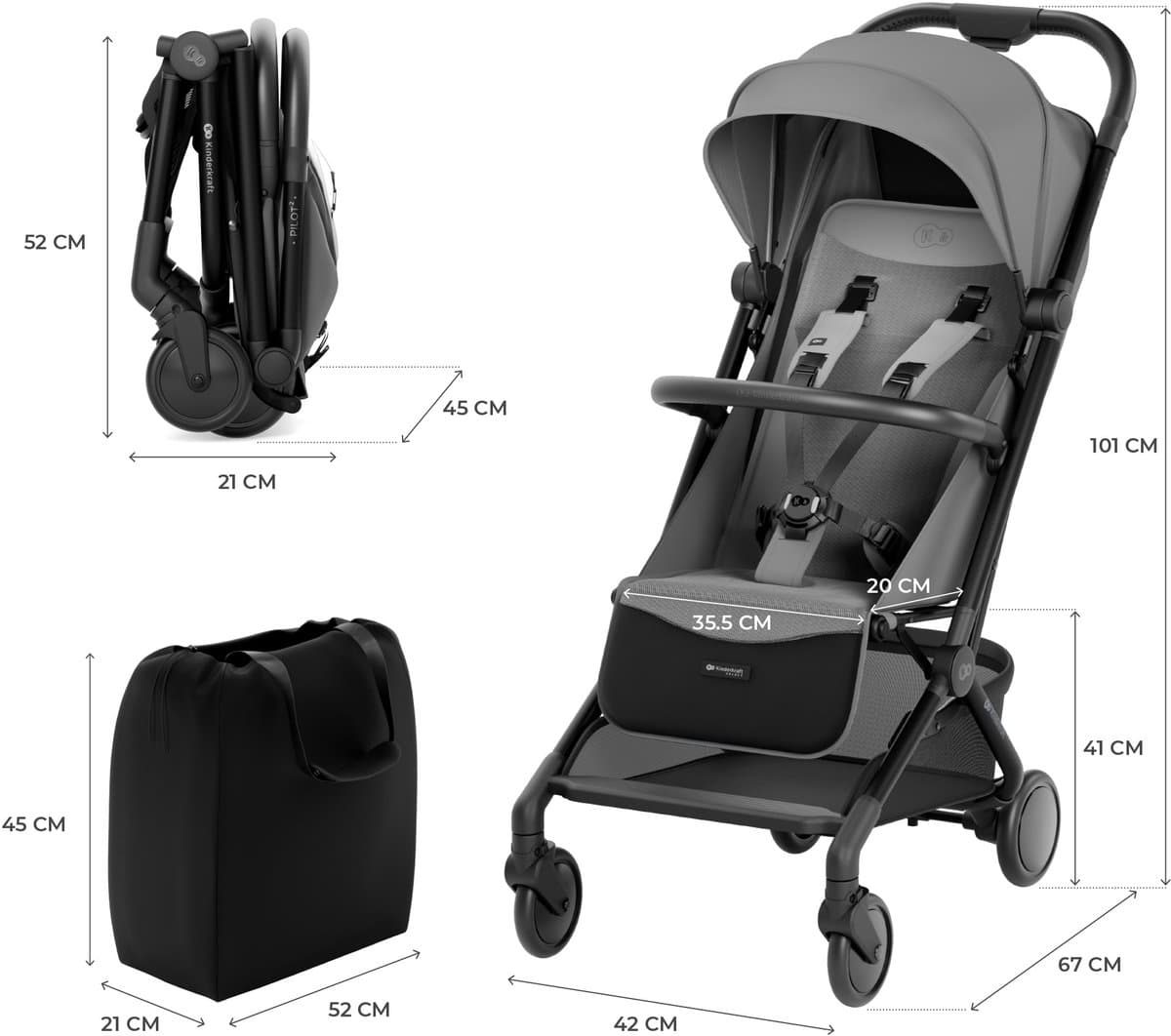 Kinderkraft PILOT2 Buggy - Tot 22 kg - Lichtgewicht Reisbuggy - UPF50+ Waterdichte Kap - Verstelbare Rugleuning - Grijs thumbnail 3