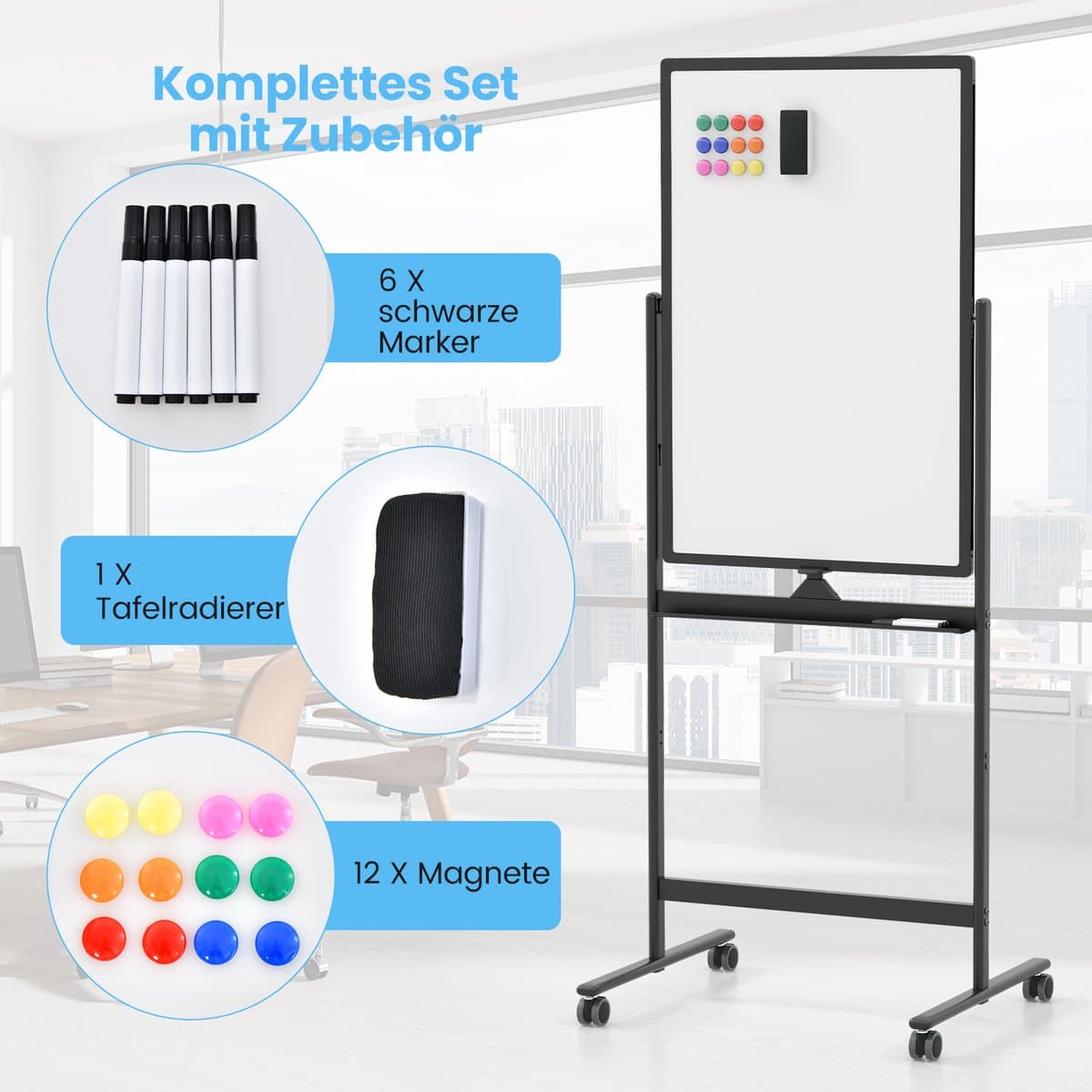 COSTWAY Dubbelzijdig mobiel whiteboard, 60 x 90 cm, in hoogte verstelbaar magnetisch whiteboard met wieltjes, standaard en pennenbakje, incl. accessoires voor school, kantoor, thuis (zwart) thumbnail 2