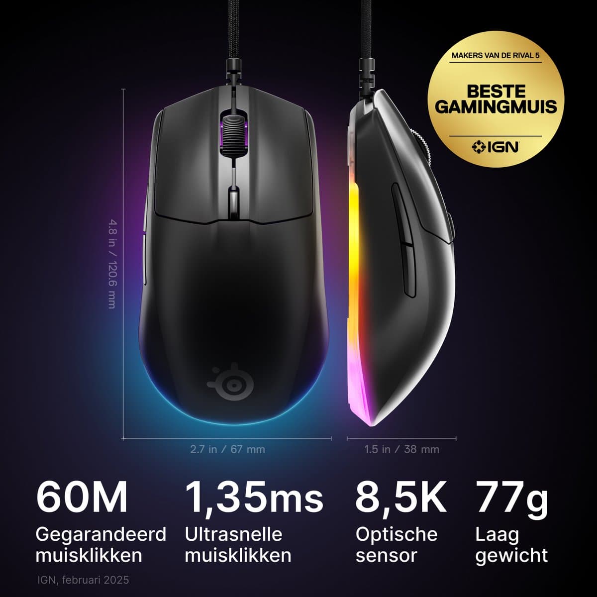 SteelSeries Rival 3 Gen 2 - Bedrade Gaming Muis - 3-zone RGB - Zwart thumbnail 3