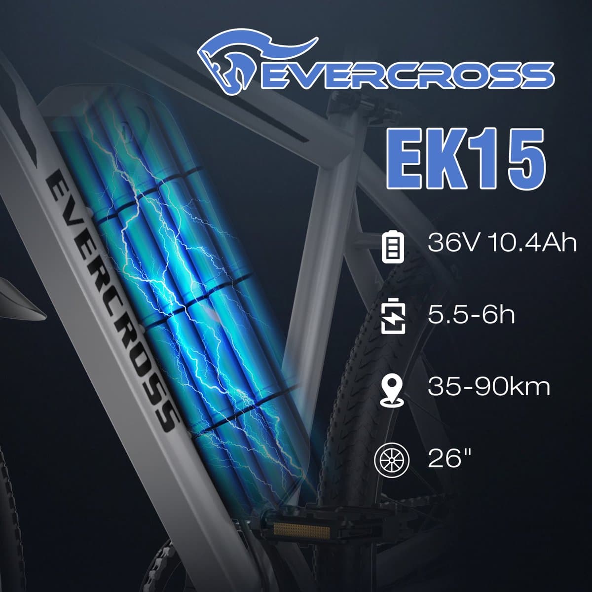 EVERCROSS EK15 Elektrische fiets - Ebike - 26" - 36V 10.4AH - tot 35-90 km - 7 versnellingen - grijs thumbnail 6
