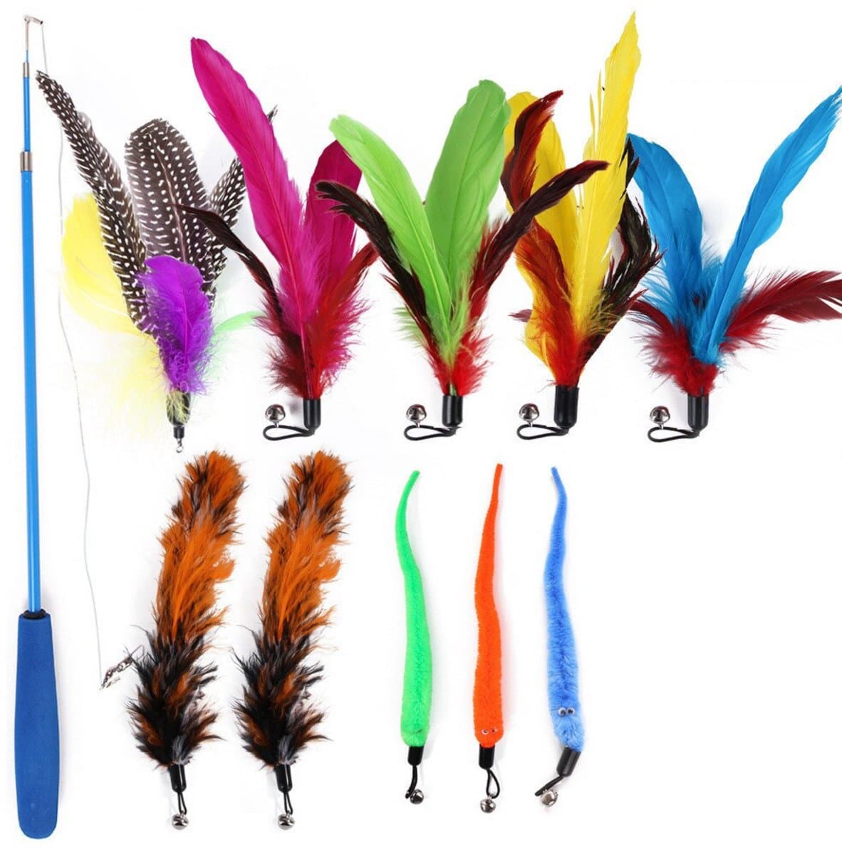 Kattenhengel met 10 opzetstukjes - Kat Speelhengel met Veren - Speelgoed Hengel voor Katten – Kittenspeeltjes met Veer – Kattenspeelgoed – Katten speeltjes