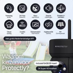 Productfoto van Protectly draadloze 3K buitencamera met zonnepaneel en 64GB SD-kaart