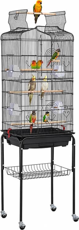 Productfoto van Papa Simba Vogelkooi met Standaard – Open Dak met Zitplaats – 4 Voerbakken – Verrijdbaar – Zwart – HMTM-10002-Black