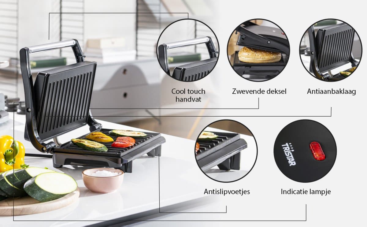 Tristar Contactgrill - GR-2650 - 700W - Tosti apparaat - Panini grill- 22,5x14cm bakoppervlak - Verticaal opbergen - Zwart thumbnail 4