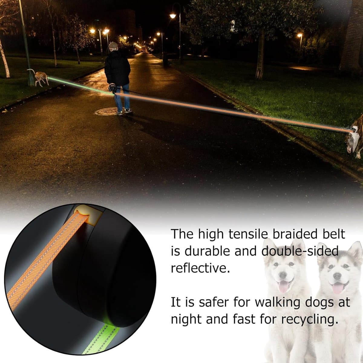 Dubbele hondenriem voor 2 honden - Flexibele, intrekbare hondenriem met LED-lampje - Hondenriem van 3 m - Intrekbare hondenriem met comfortabele ergonomische handgreep - Intrekbare riem -Zwart-20.5*18.2*4.5cm thumbnail 5