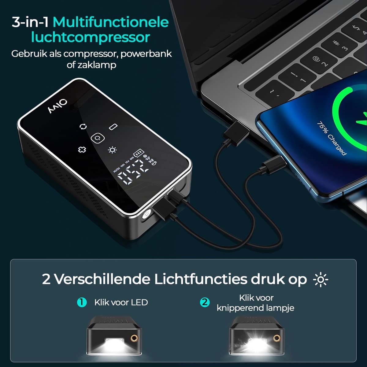 Olvy Compressor Bandenpomp - 12V & Draadloos - Draagbare Luchtcompressor - 6000 mAh - Elektrische Fietspomp - Fiets/Auto/Motor/Bal/Luchtbed thumbnail 2