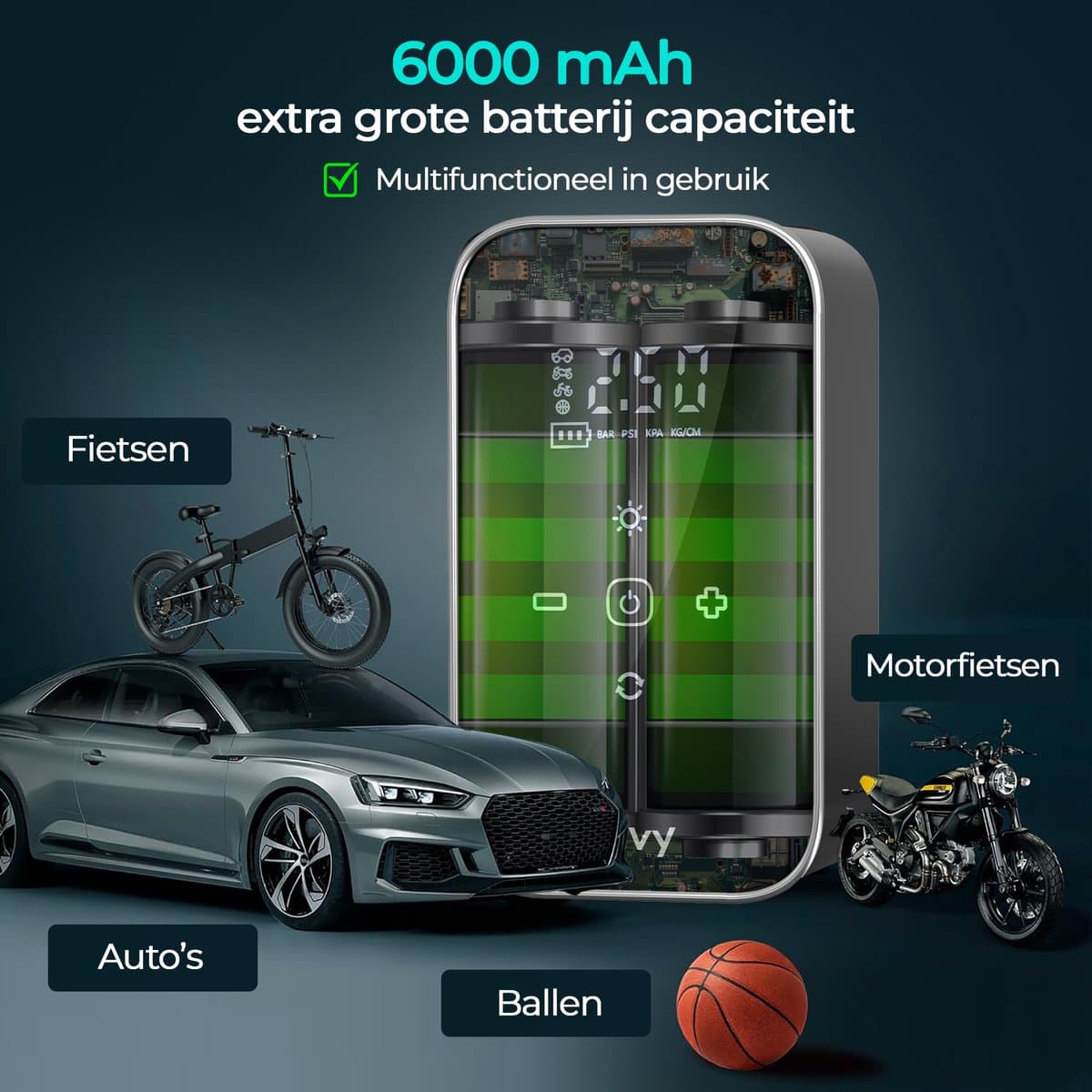 Olvy Compressor Bandenpomp - 12V & Draadloos - Draagbare Luchtcompressor - 6000 mAh - Elektrische Fietspomp - Fiets/Auto/Motor/Bal/Luchtbed thumbnail 4