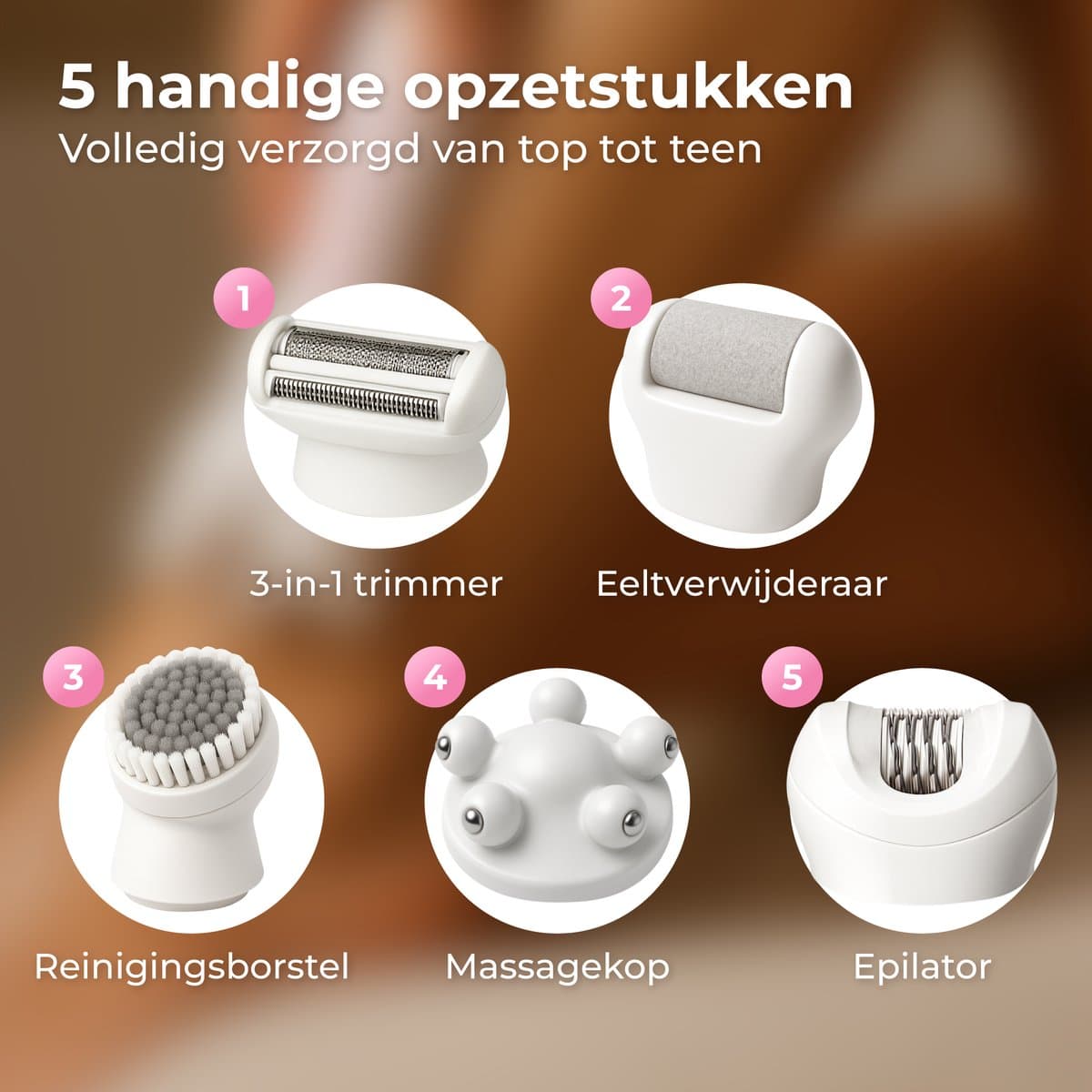 Nuvance Epileerapparaat Dames - Epilator 5-in-1 - Ladyshaves voor Vrouwen - Epilators - Ladyshave - Waterproof - Usb - Wit/Roze thumbnail 4
