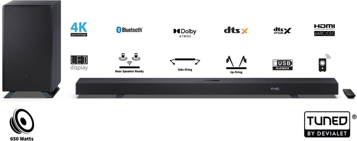 Sharp HT-SBW55121 - 5.1.2 soundbar - 650W - draadloze subwoofer - Dolby Atmos - bluetooth - Q-series - zwart thumbnail 2