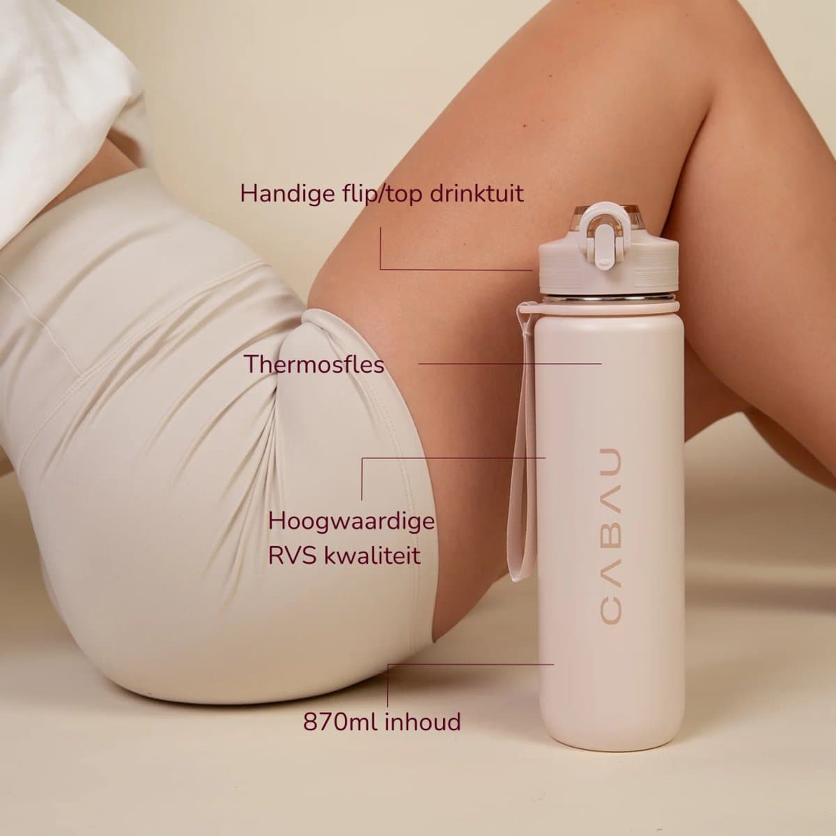 Cabau – Bloom Waterfles Staal – 870 ml – Beige – Roestvrijstalen Drinkfles met Rietje – BPA- en Lekvrij – Thermosfles voor Sporten, Werk en Onderweg thumbnail 2