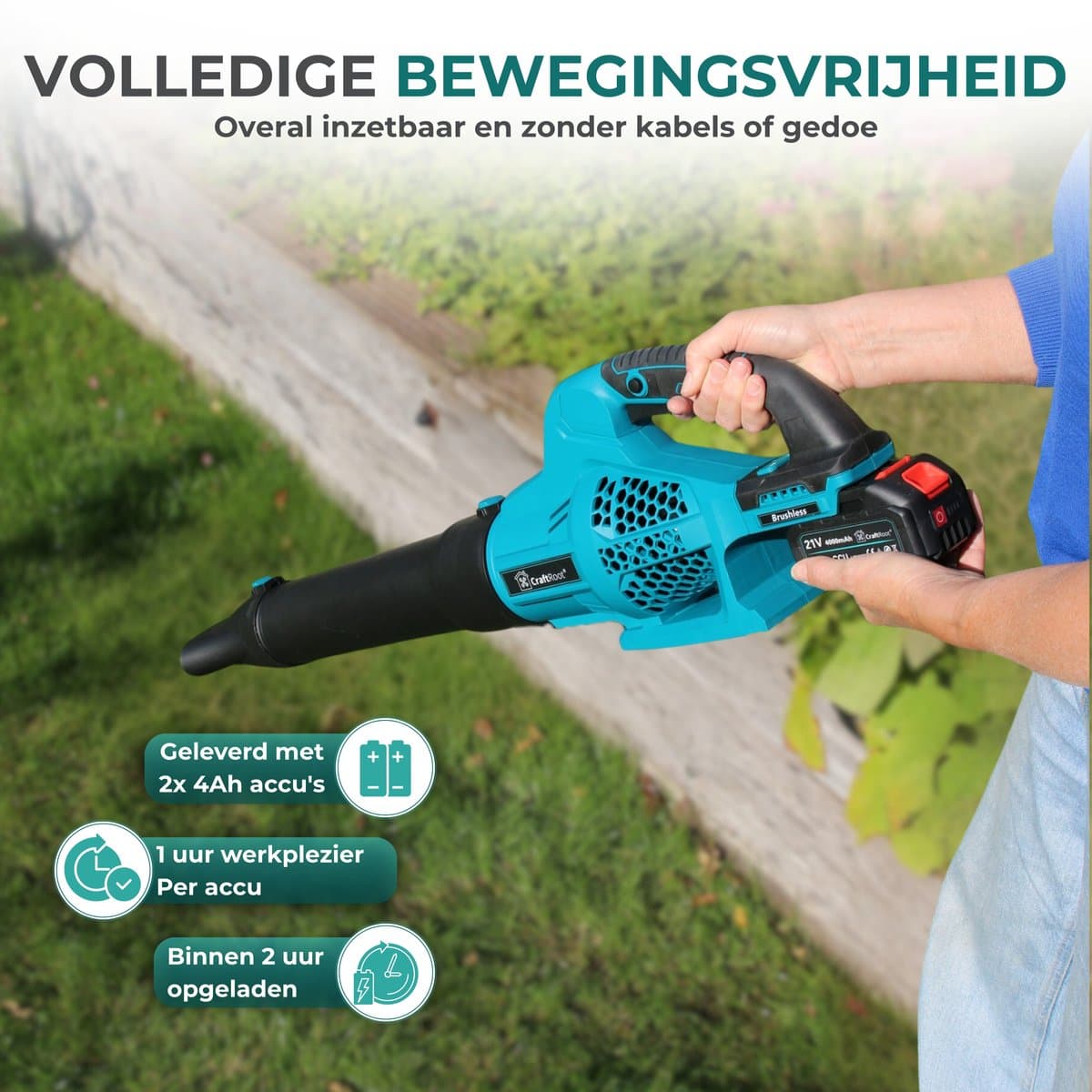 CraftRoot Accu Bladblazer – Draadloze Elektrische Bladblazer met 2x 4.0Ah Accu - Krachtig en Compact - 200km/h – 21.000 RPM thumbnail 2