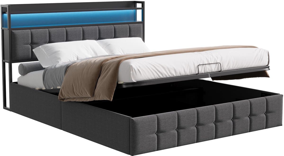 Tweepersoonsbed 160x200 cm – LED Hydraulisch Opbergbed met USB & Type-C, Hoofdbord met Verlichting, Grijs, Linnen thumbnail 2