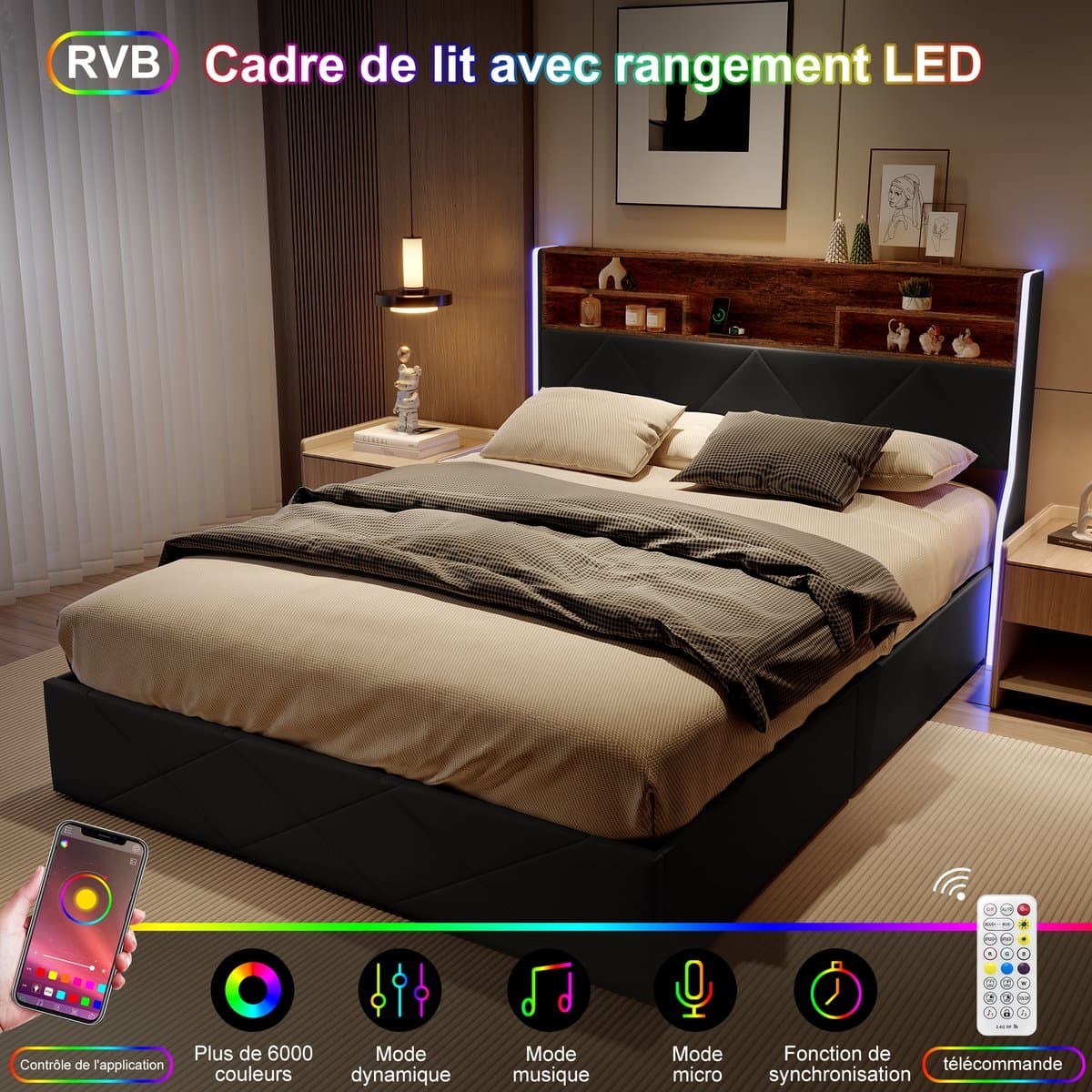 Zwart PU Tweepersoonsbed 160x200 cm – LED Hydraulisch Opbergbed met USB & Type-C, Hoofdbord met Opbergruimte thumbnail 3