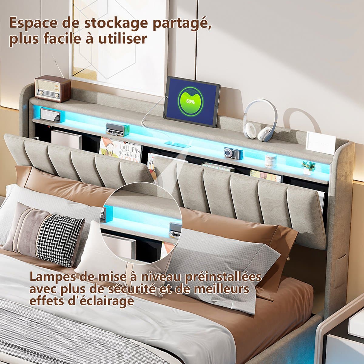 Grijs Fluwelen Bed 160x200 cm met LED USB en Opbergruimte Hydraulisch Tweepersoonsbed met Hoofdbord thumbnail 3
