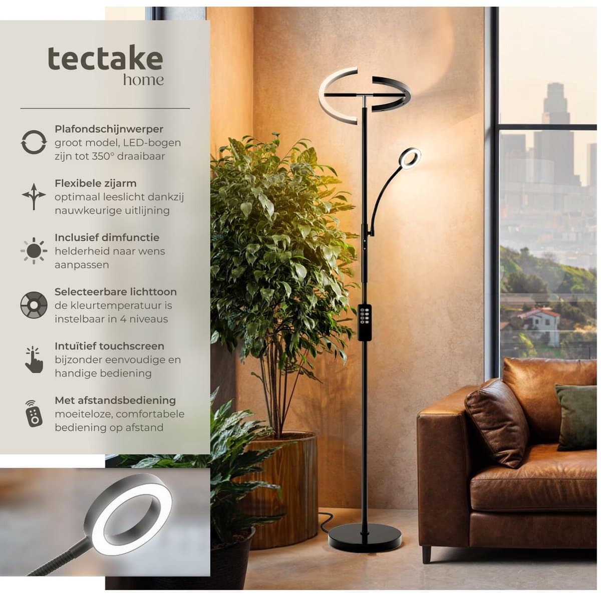 tectake® LED-Vloerlamp - Dimbare vloerlamp - Booglamp - Vloerlamp met leeslicht en afstandsbediening - Sfeerlicht voor woonkamer, slaapkamer, nachtkastje - Leeslamp of bureaulamp - Zwart thumbnail 6