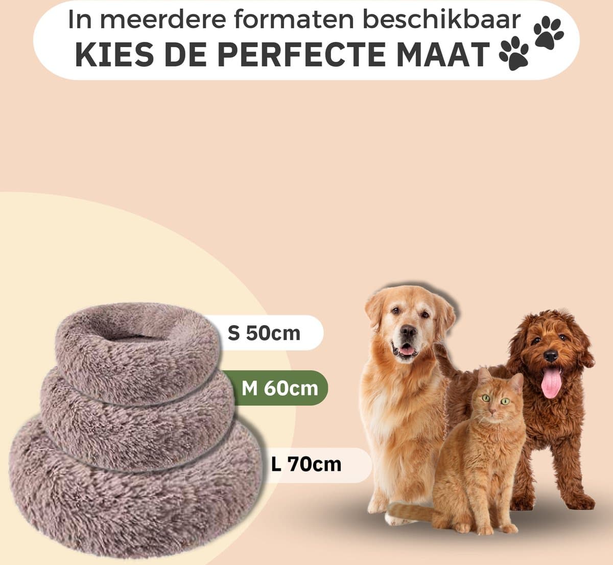 Donut Hondenmand - Kattenmand - Maat M - 60cm (ligvlak van 45cm) - Kaki - Fluffy en Wasbaar thumbnail 7